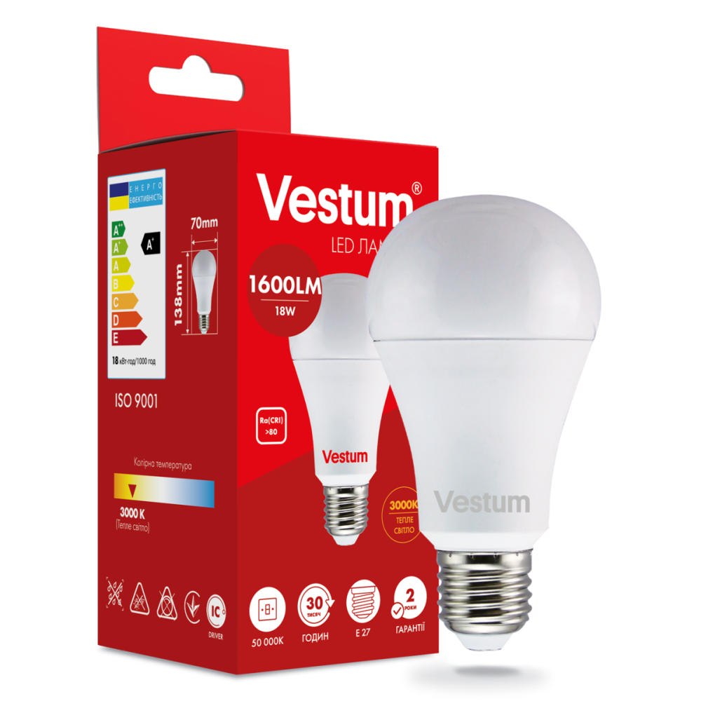 Светодиодная лампа Vestum A70 18W 3000K 220V E27 1-VS-1112