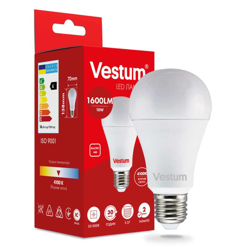 Светодиодная лампа Vestum A70 18W 4100K 220V E27 1-VS-1111