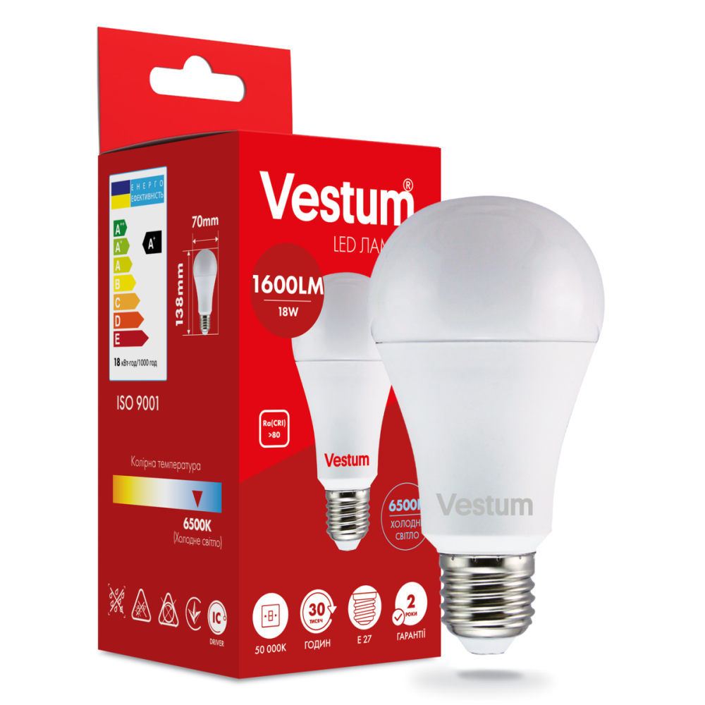 Светодиодная лампа Vestum A70 18W 4100K 220V E27 1-VS-1113