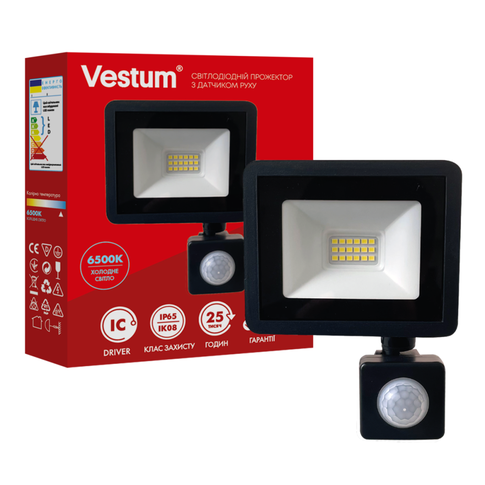 Світлодіодний прожектор з датчиком руху Vestum 10W 800Лм 6500K 180-260V IP65 1-VS-3019