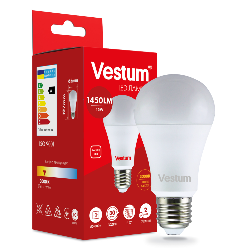 Лампа LED світлодіодна Vestum A65 15W 3000K 220V E27
