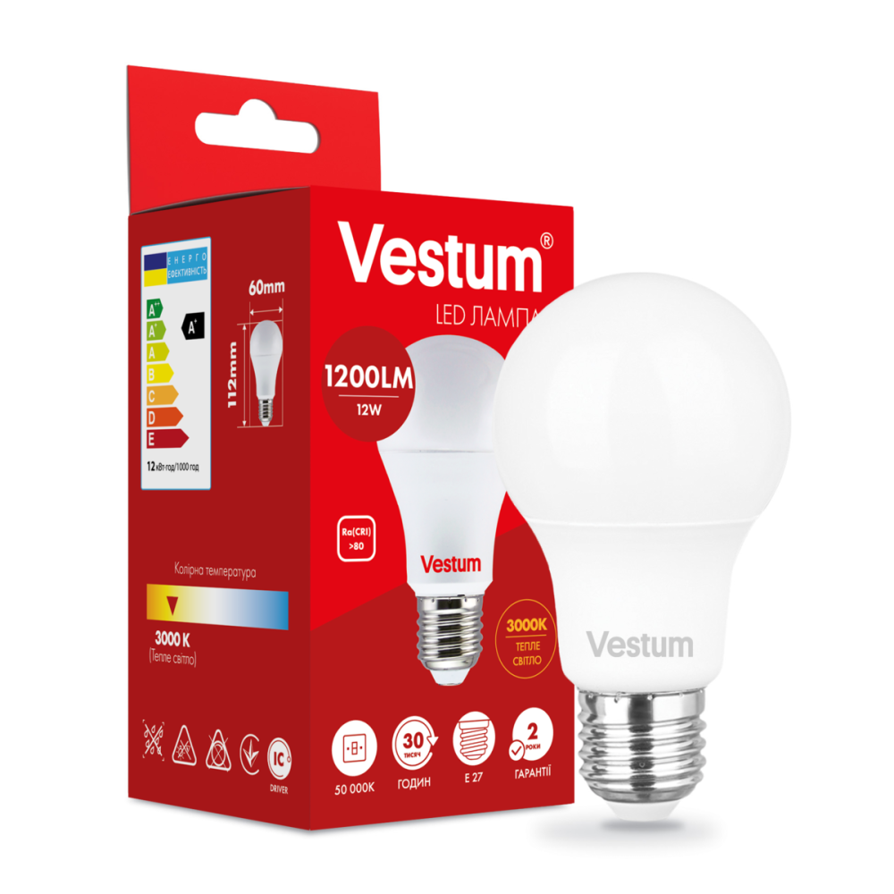 Лампа LED світлодіодна Vestum A60 12W 3000K 220V E27