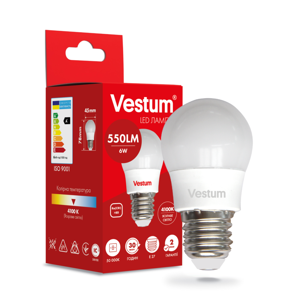 Лампа LED світлодіодна Vestum G45 6W 4100K 220V E27