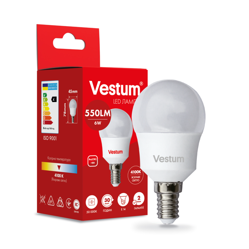 Лампа LED світлодіодна Vestum G45 6W 4100K 220V E14
