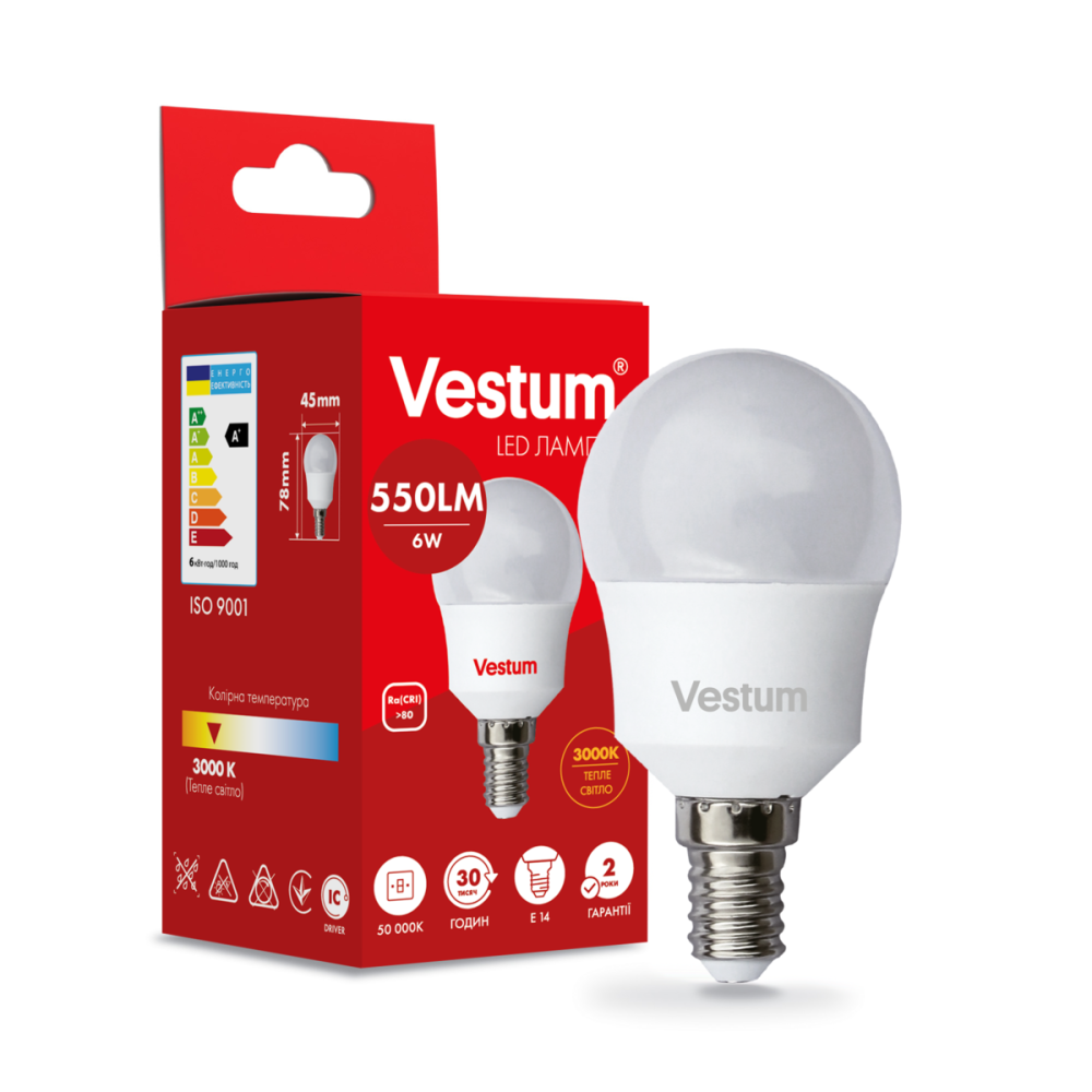 Лампа LED світлодіодна Vestum G45 6W 3000K 220V E14
