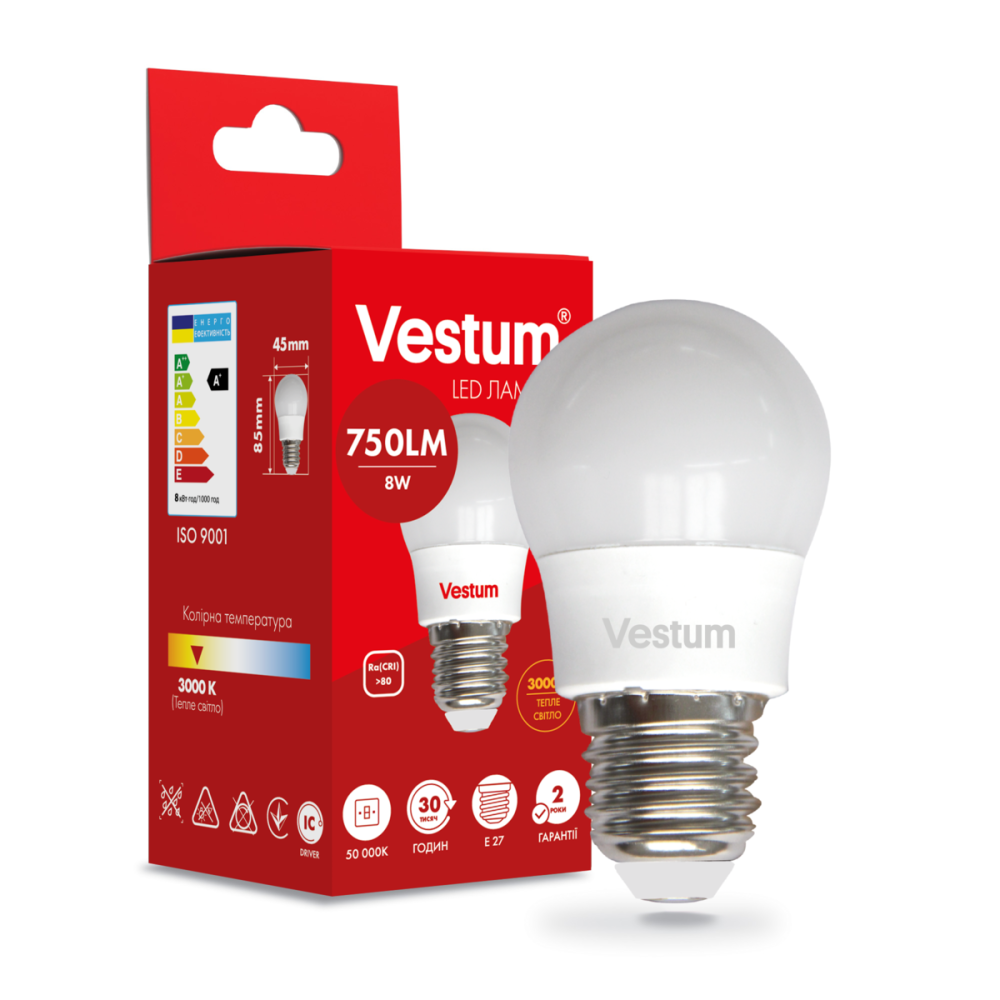 Лампа LED светодиодная Vestum G45 8W 3000K 220V E27