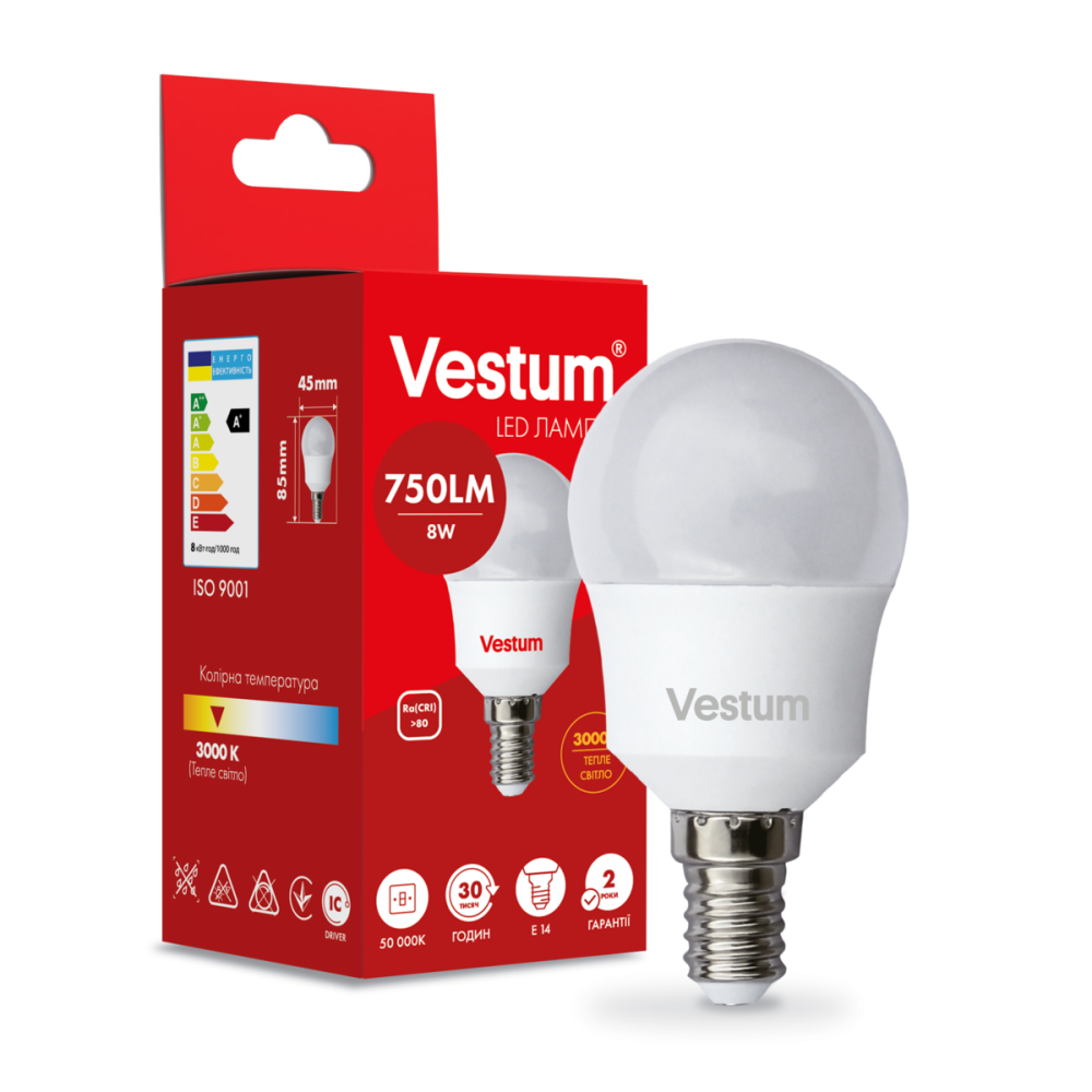 Лампа LED світлодіодна Vestum G45 8W 3000K 220V E14