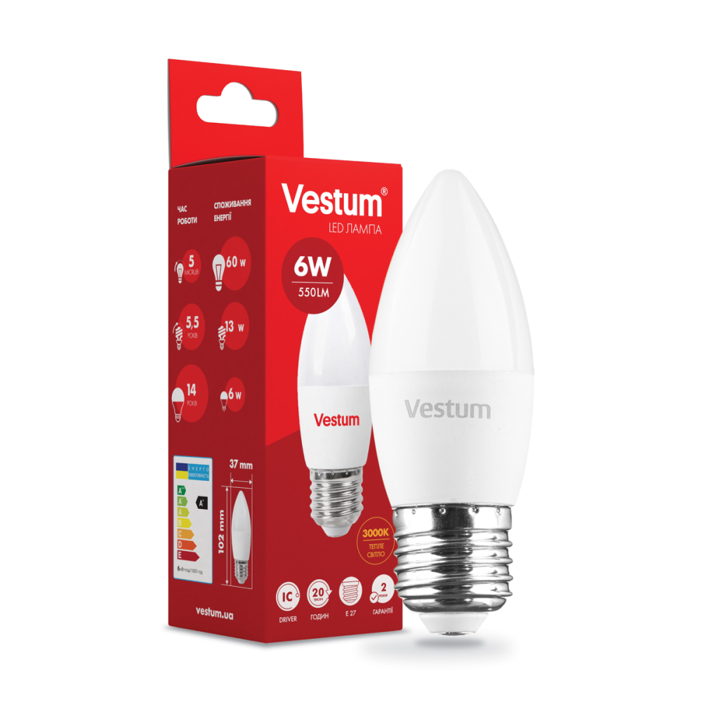 Лампа LED світлодіодна Vestum C37 6W 3000K 220V E27