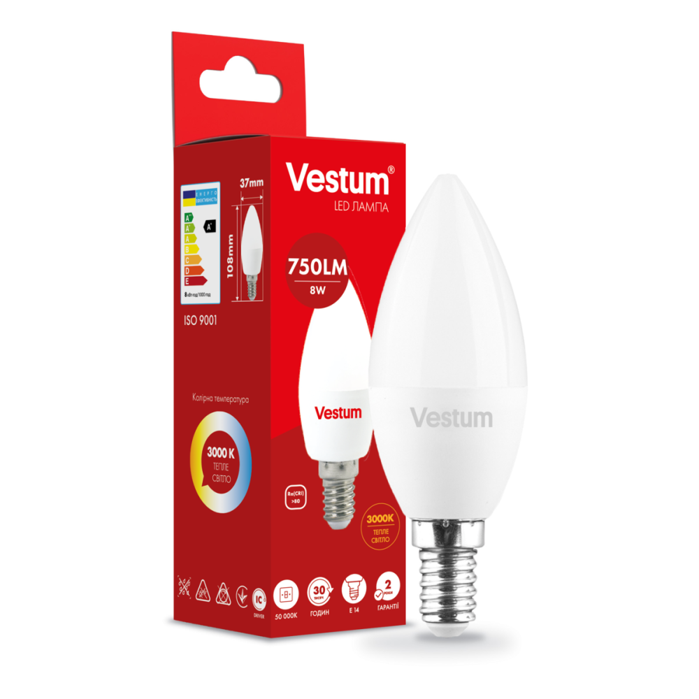 Лампа LED світлодіодна Vestum C37 8W 3000K 220V E14