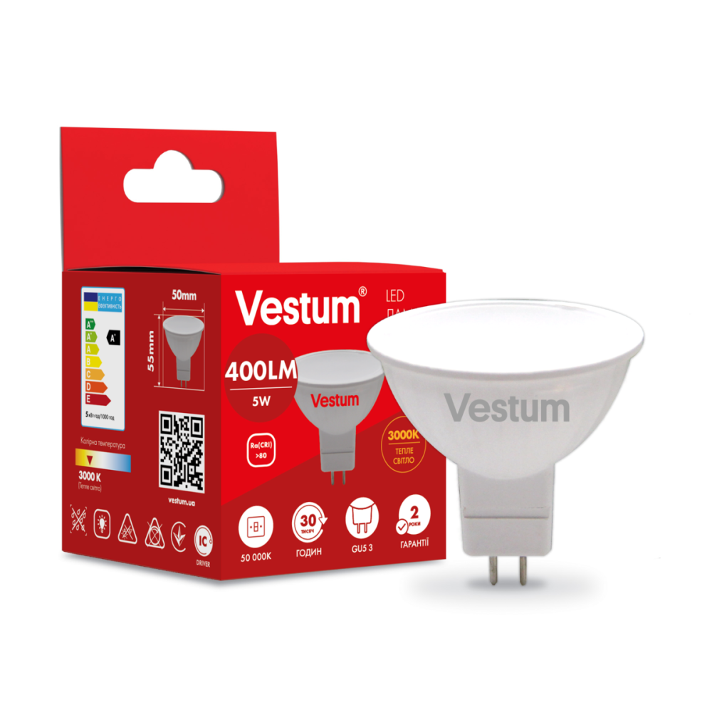 Лампа LED світлодіодна Vestum MR16 5W 3000K 220V GU5.3