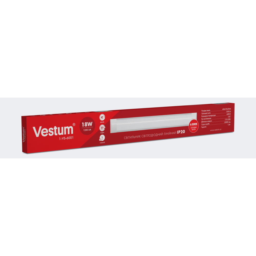 Світильник лінійний LED Vestum 0,6м 18W 6500K 220V IP20