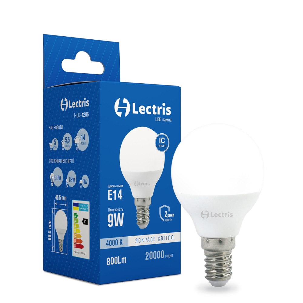Лампа LED світлодіодна Lectris G45 9W 4000K 220V E14